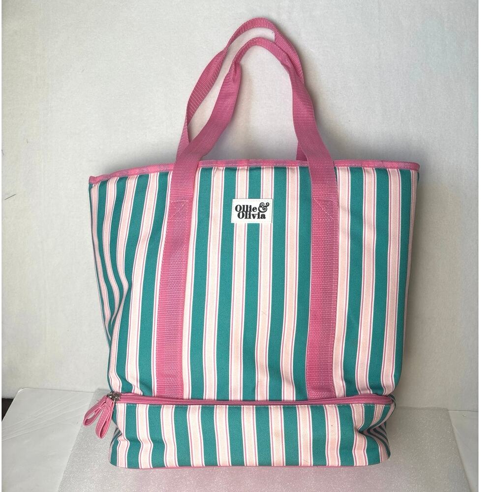 NWOT Ollie & Olivia Insulated Dual Bag Tote 14”x17”x8” Pink Green Stripes